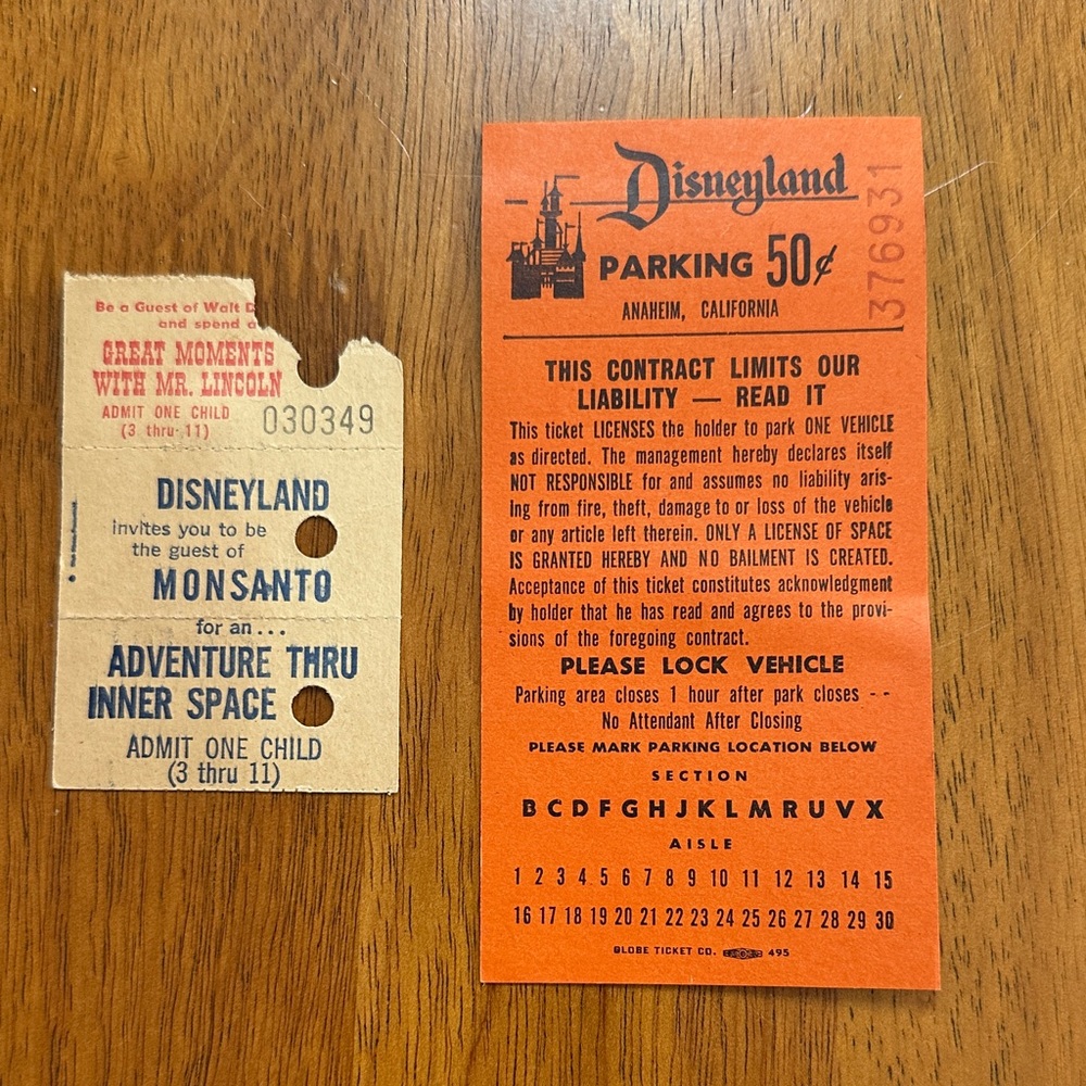 Vintage Disneyland Parking Ticket and attraction ticket. 1960’s